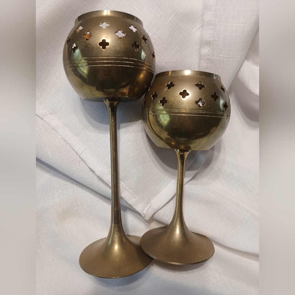 Vintage Brass Pierced 2 Piece Candle Votive Holders